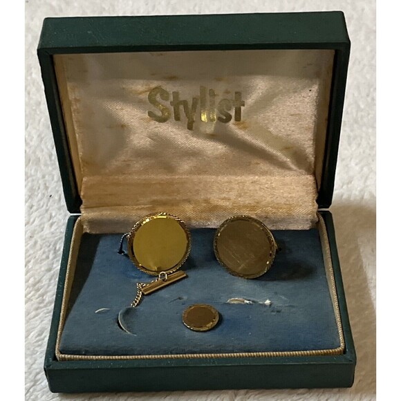 Stylist Vintage Lamode Gold Cuff Links & Tie Tack Set Original box - Picture 3 of 11